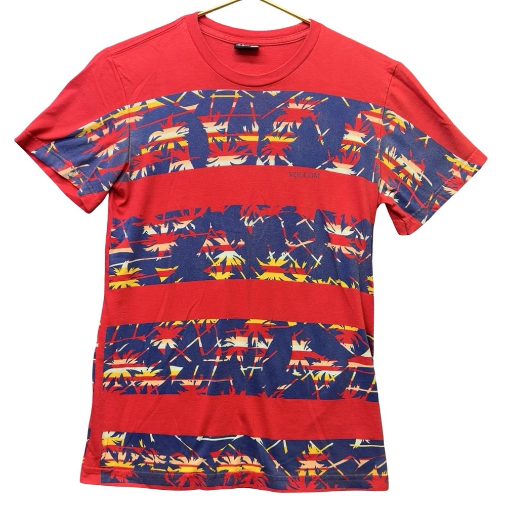 Vintage Volcom T Shirt Mens S Red Blue Tropical Stripe Y2K Surf Skate Distressed